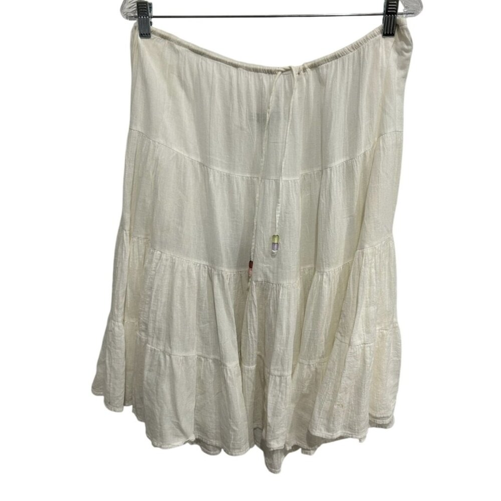 La Blanca Women’s Tiered White Cotton Skirt Size L Adjustable Beaded Drawstring